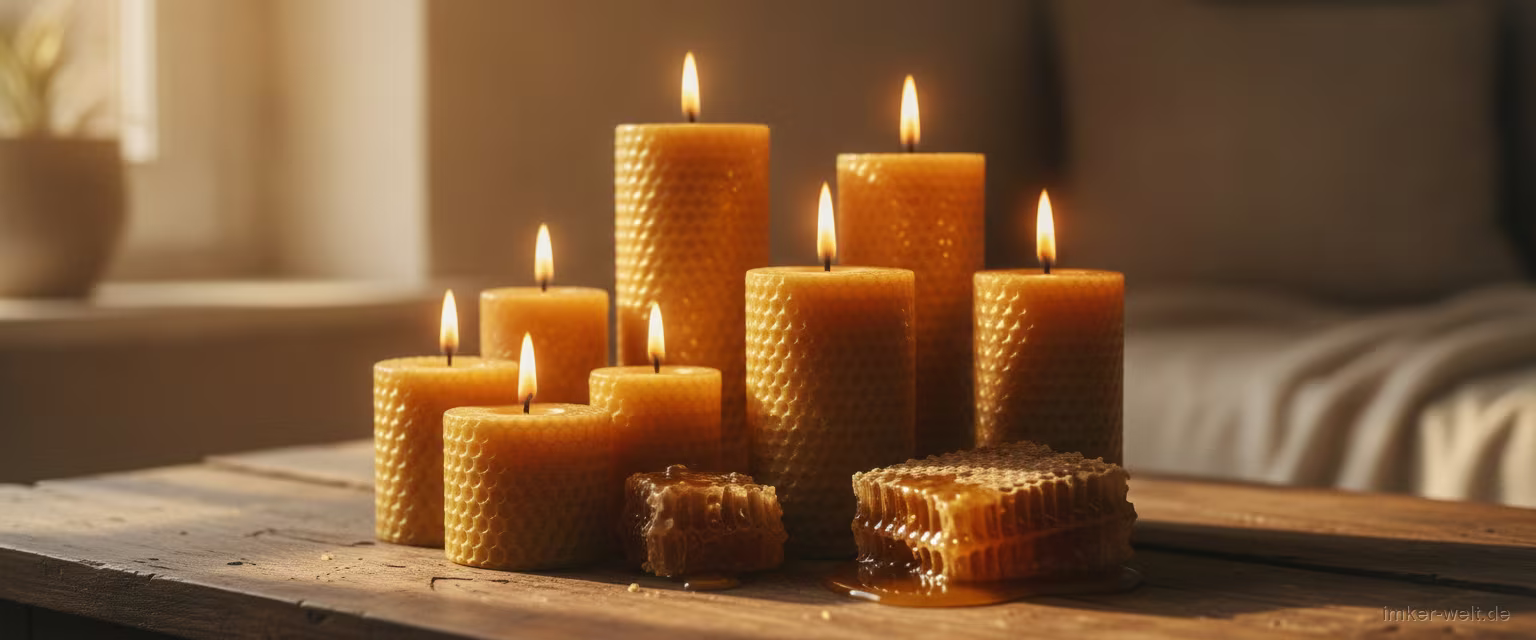 Mehrere brennende goldene Bienenwachskerzen in verschiedenen Größen auf einem rustikalen Holztisch