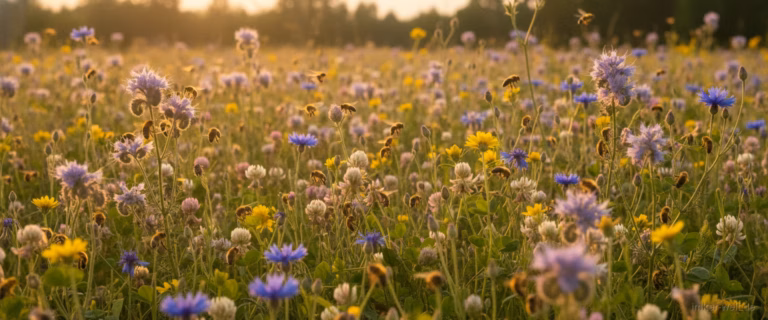Bunte Bienenweide mit Phacelia und Kornblumen voller Bienen