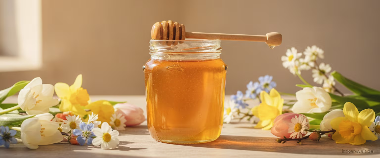 Glas goldener Blütenhonig mit Holzlöffel, umgeben von bunten Frühlingsblumen