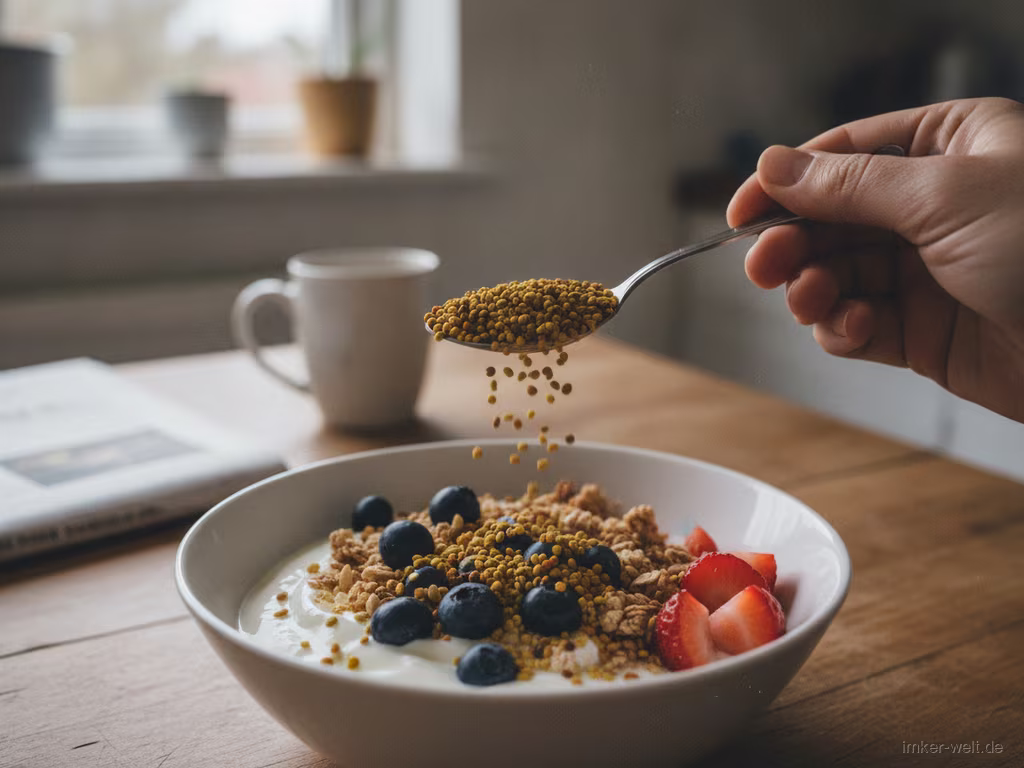Hand streut einen Teelöffel Blütenpollen über eine Schale Joghurt mit Müsli