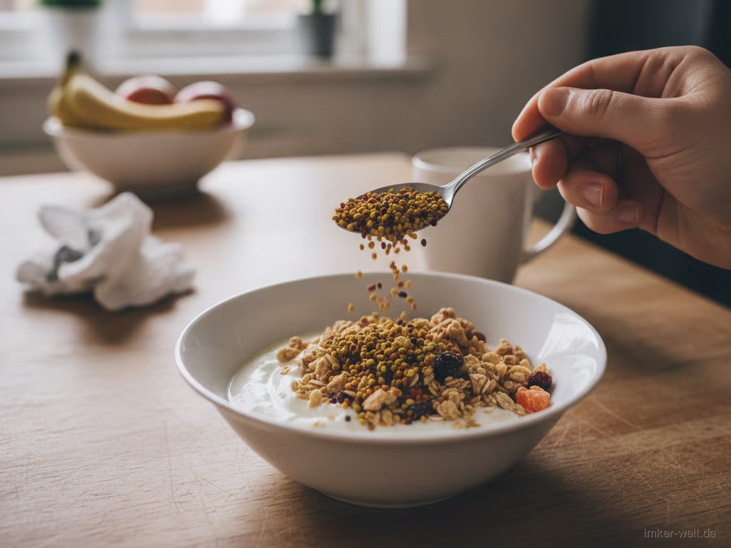 Joghurt mit goldenen Blütenpollen bestreut und ein Teelöffel Pollen daneben auf einem hellen Frühstückstisch