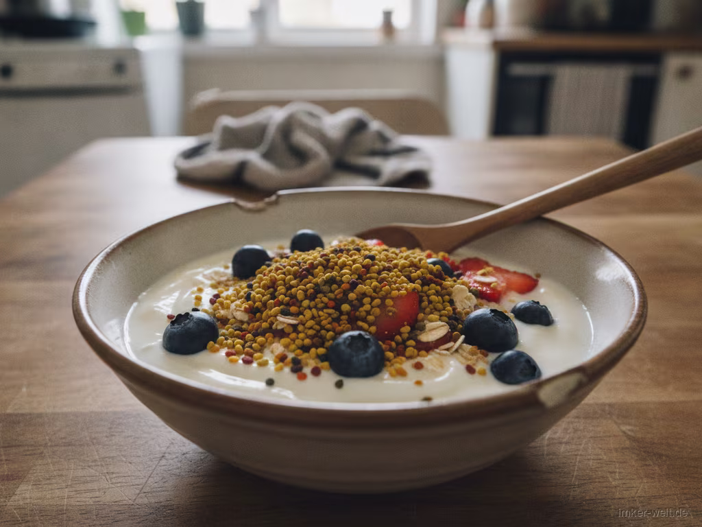Joghurt-Bowl mit Blütenpollen, Beeren und Haferflocken