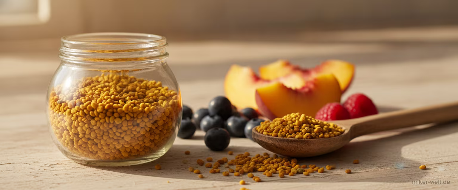 Blütenpollen-Körnchen in einem Glas neben frischem Obst und einem Holzlöffel auf einem hellen Küchentisch