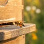 Pollenfalle am Eingang eines Bienenstocks, Bienen krabbeln durch das Gitter, bunte Pollenhöschen sammeln sich in der Schublade