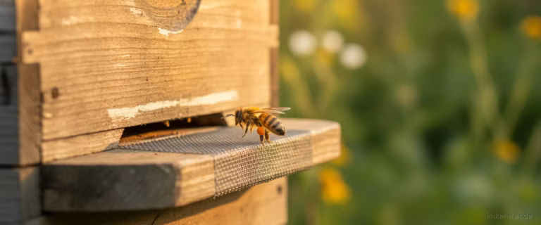 Pollenfalle am Eingang eines Bienenstocks, Bienen krabbeln durch das Gitter, bunte Pollenhöschen sammeln sich in der Schublade