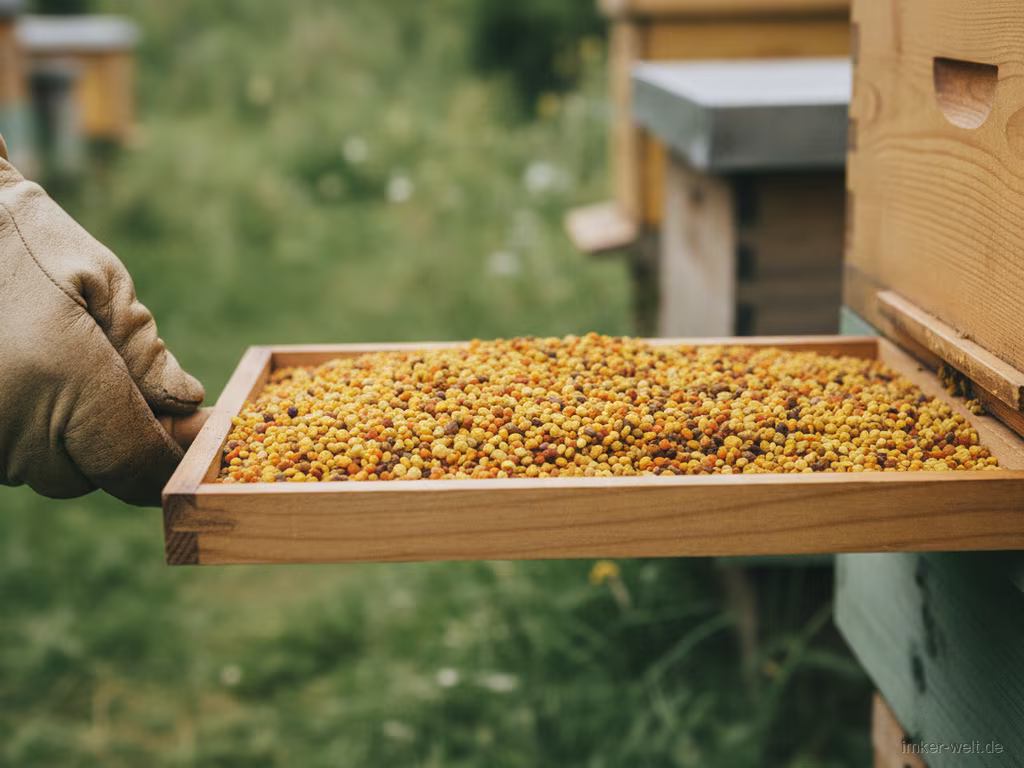Imkerhand zieht die Schublade einer Pollenfalle mit bunten frischen Blütenpollen heraus