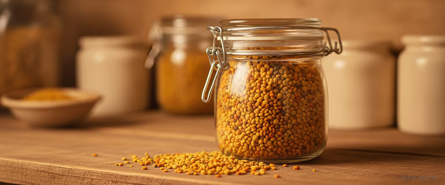 Blütenpollen in einem luftdicht verschlossenen Glas mit Bügelverschluss auf einem Küchenregal, davor lose Pollenkörner