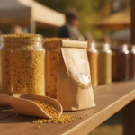 Geöffnetes Glas mit bunten Blütenpollen-Körnern neben einem Holzlöffel auf einem rustikalen Tisch