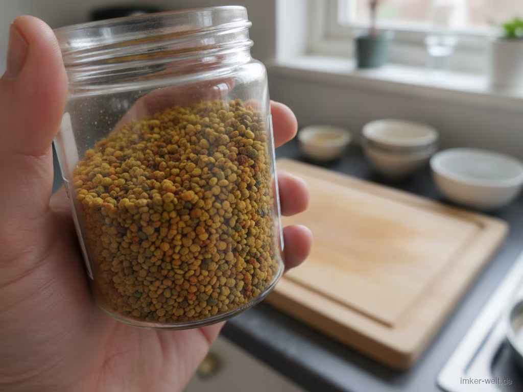 Hand hält ein geöffnetes Glas mit bunten getrockneten Blütenpollen und liest das Etikett