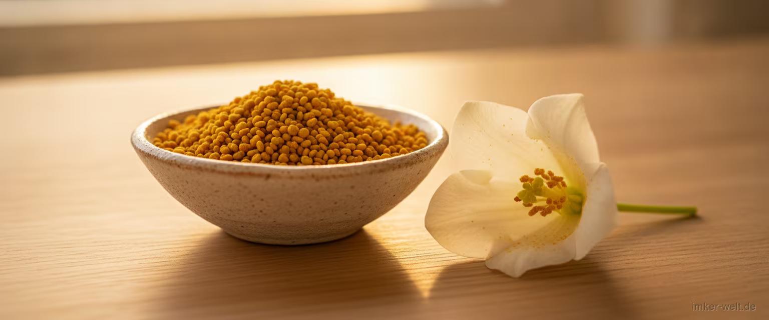 Goldene Blütenpollen in einer Schale neben einer blühenden Blume mit sichtbarem Pollen auf hellem Holz