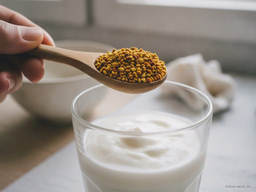 Hand hält einen Teelöffel bunte Blütenpollen über ein Glas Joghurt