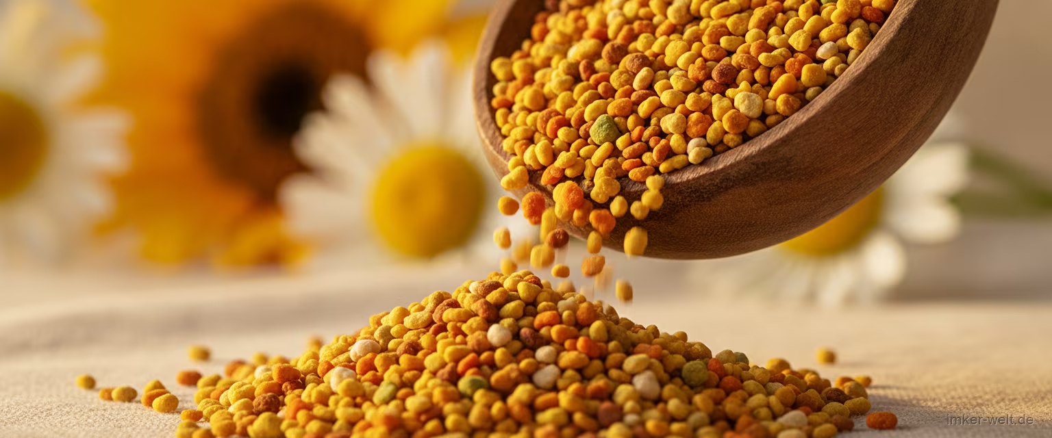 Bunte Blütenpollen-Körnchen fallen von einem Holzlöffel auf eine helle Fläche, im Hintergrund unscharfe Wildblumen