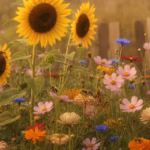Bauerngartenbeet mit Sonnenblumen, Kosmeen, Ringelblumen und Kornblumen voller Bienen