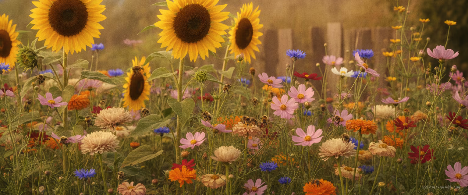 Bauerngartenbeet mit Sonnenblumen, Kosmeen, Ringelblumen und Kornblumen voller Bienen