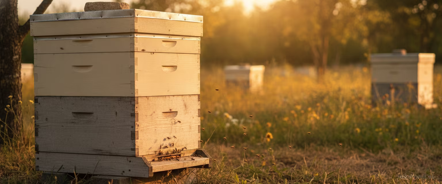 Dadant-Beute mit einem großen Brutraum und flachen Honigräumen am Bienenstand