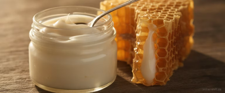 Cremig-weißes Gelée Royale in einem kleinen Glas mit Löffel neben einer Honigwabe mit Königinnenzelle