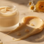 Gelée-Royale-Gesichtscreme mit cremiger Textur und ein Tropfen Gelée Royale auf hellem Marmor