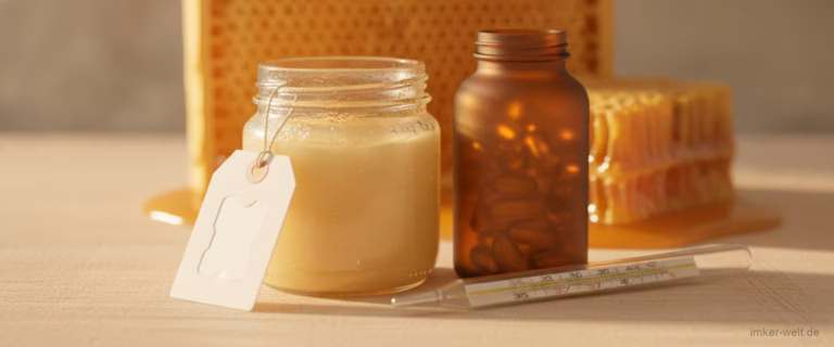 Gekühltes Glas frisches Gelée Royale mit Preisschild, eine Kapseldose und ein Thermometer auf hellem Tisch