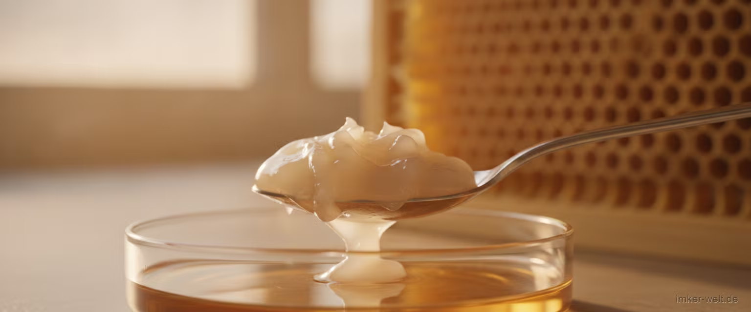 Cremiges Gelée Royale auf einem kleinen Löffel, unscharfe Honigwabe im Hintergrund