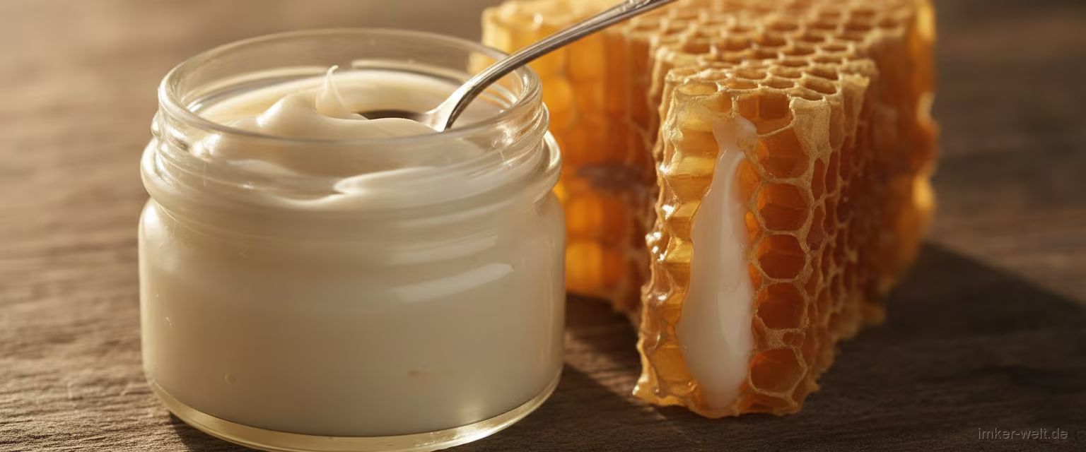 Cremig-weißes Gelée Royale in einem kleinen Glas mit Löffel neben einer Honigwabe mit Königinnenzelle