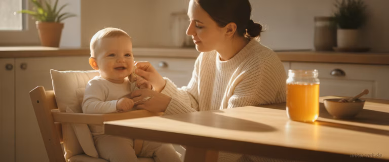 Baby im Hochstuhl mit Elternteil, ein Honigglas außer Reichweite auf dem Küchentisch