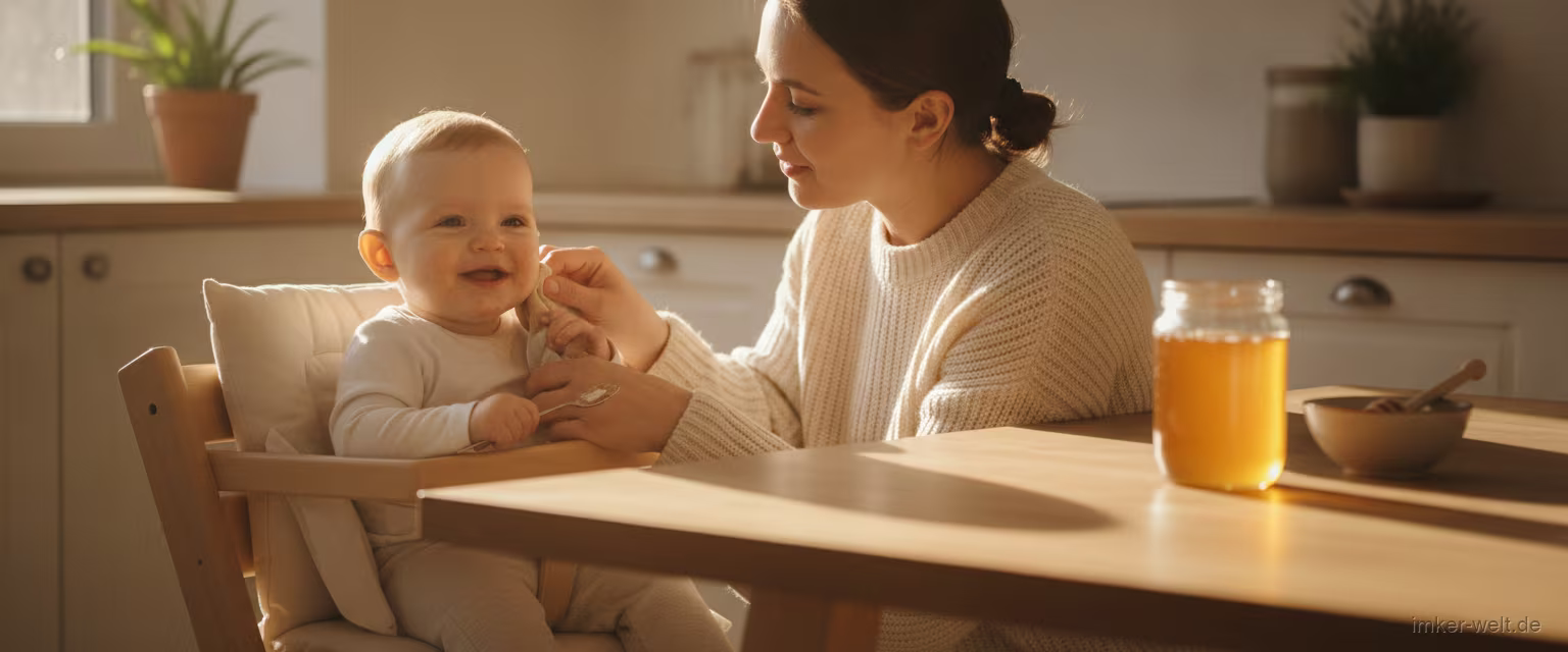 Baby im Hochstuhl mit Elternteil, ein Honigglas außer Reichweite auf dem Küchentisch