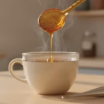 Löffel Honig wird in eine Tasse Tee gerührt, Thermometer daneben auf hellem Tisch
