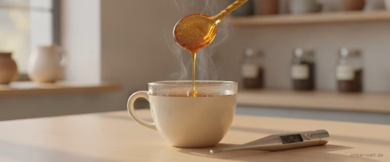 Löffel Honig wird in eine Tasse Tee gerührt, Thermometer daneben auf hellem Tisch
