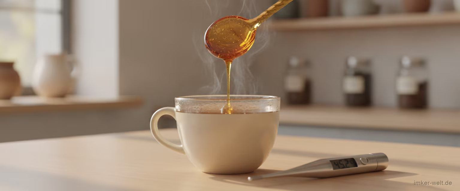 Löffel Honig wird in eine Tasse Tee gerührt, Thermometer daneben auf hellem Tisch