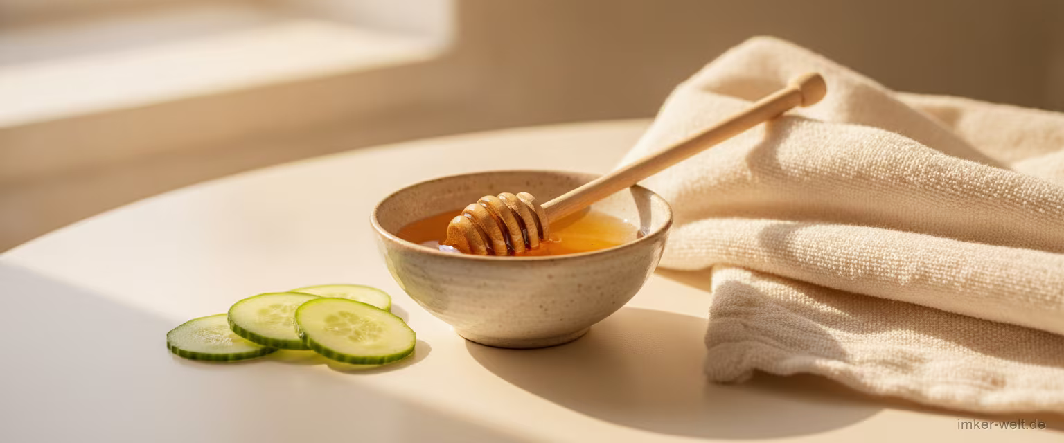 Kleine Schale Honig mit Holzspatel, Gurkenscheiben und einem weichen Tuch auf hellem Tisch