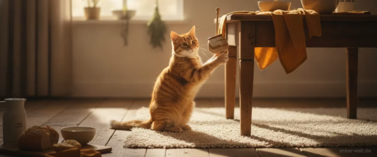 Neugierige Katze in der Nähe eines Küchentischs, ein kleines Honigglas außer Reichweite