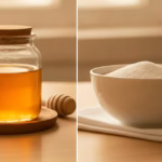 Geteiltes Stillleben: links ein Glas Honig, rechts eine Schale weißer Zucker mit Teelöffel