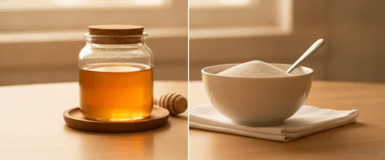 Geteiltes Stillleben: links ein Glas Honig, rechts eine Schale weißer Zucker mit Teelöffel