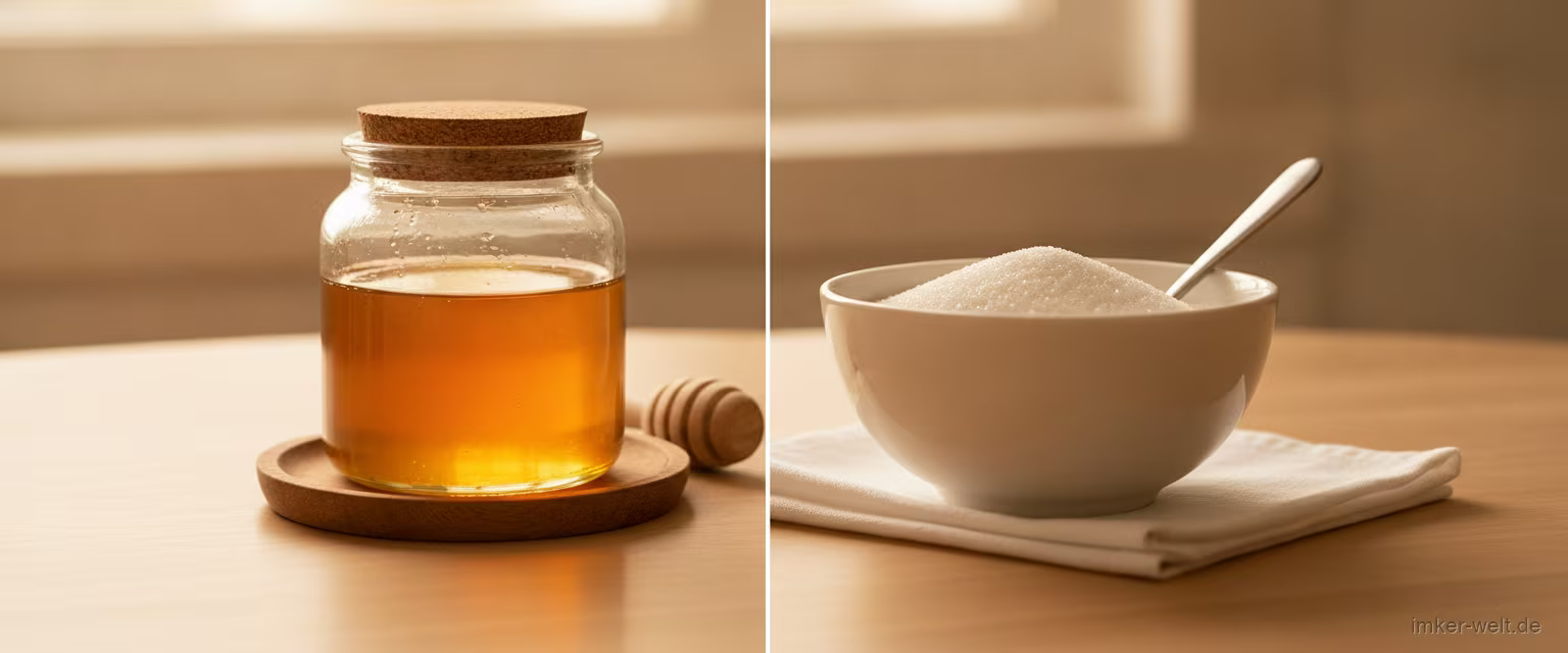 Geteiltes Stillleben: links ein Glas Honig, rechts eine Schale weißer Zucker mit Teelöffel