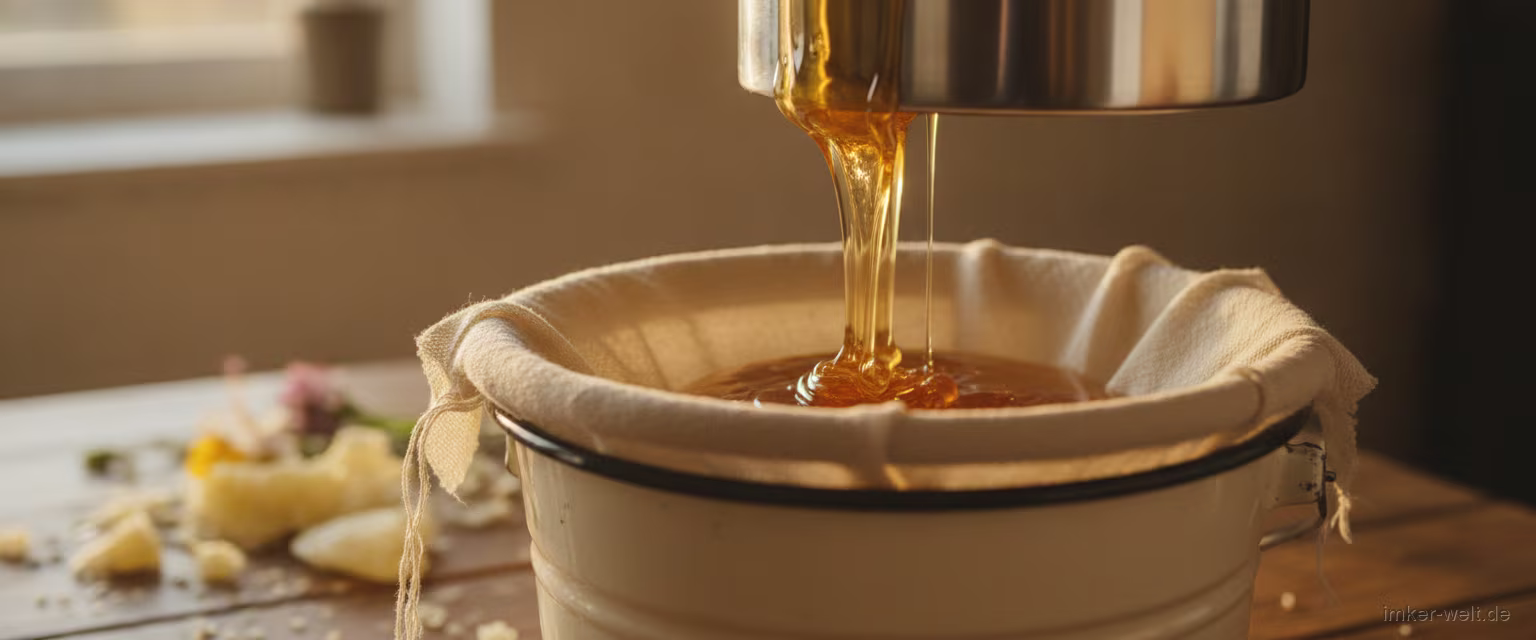 Goldener Honig läuft aus einer Edelstahl-Schleuder durch ein Sieb in einen Eimer