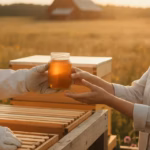 Imker reicht ein Glas regionalen Honig an einem Verkaufsstand, Bienenstöcke im Hintergrund