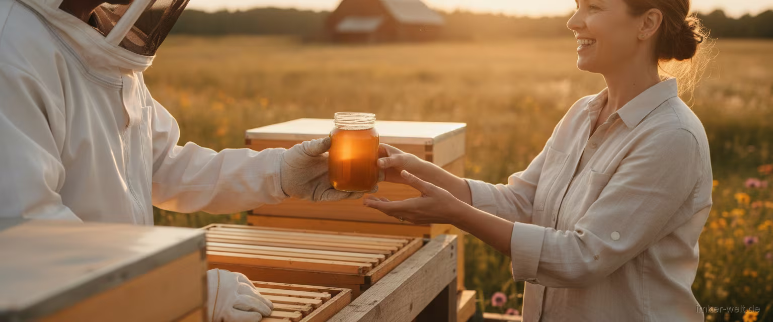 Imker reicht ein Glas regionalen Honig an einem Verkaufsstand, Bienenstöcke im Hintergrund