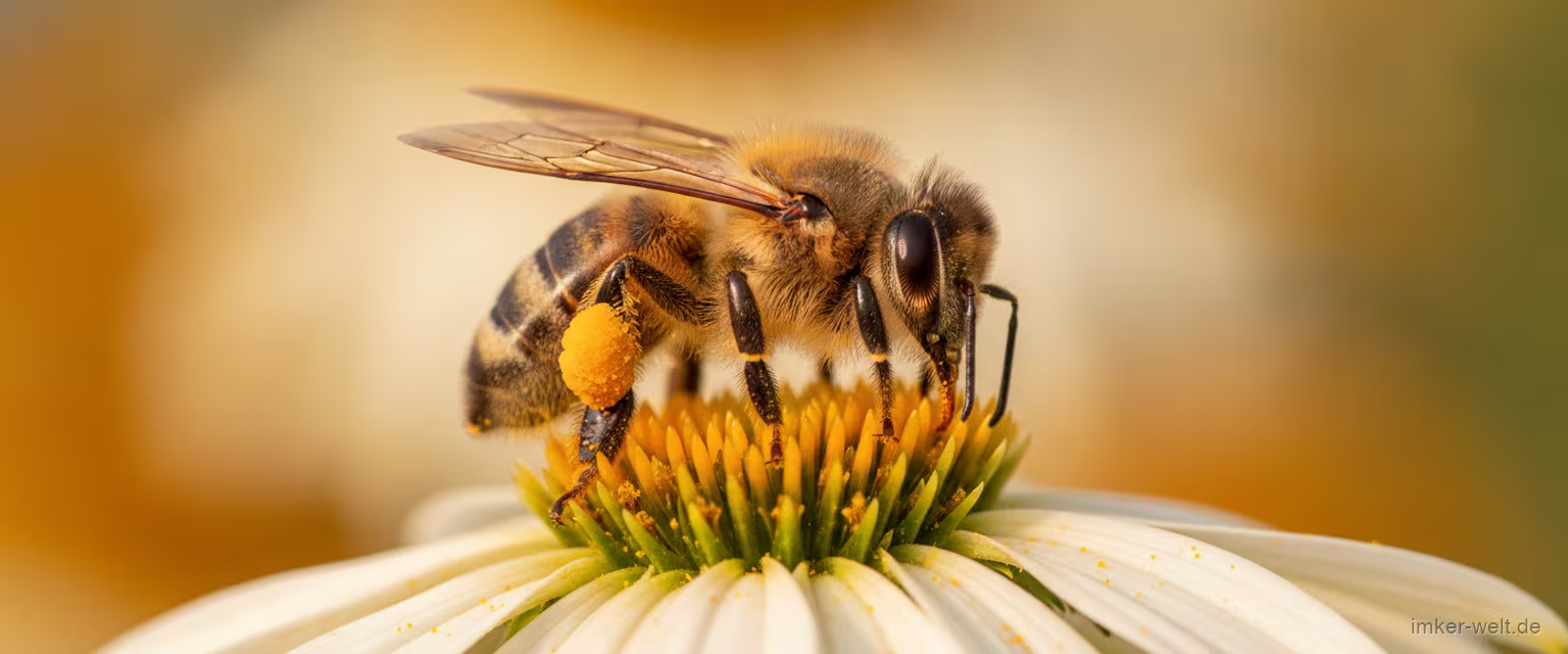 Einzelne Honigbiene auf einer Blüte mit gefüllten Pollenhöschen