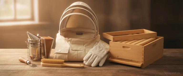 Komplette Imker-Ausrüstung auf einem Holztisch: Schleierjacke, Handschuhe, Smoker, Stockmeißel, Abkehrbesen und Beute