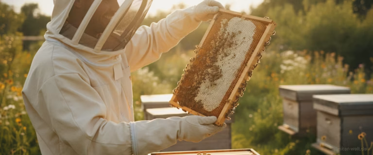 Anfänger-Imker mit Schleier begutachtet eine Bienenwabe an einem sonnigen Bienenstand im Garten