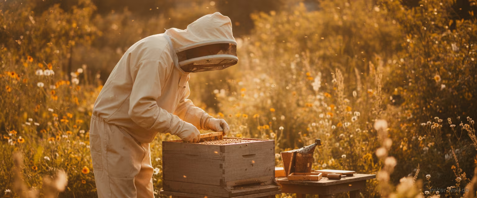 Einzelner Imker arbeitet an einem Bienenvolk im Garten