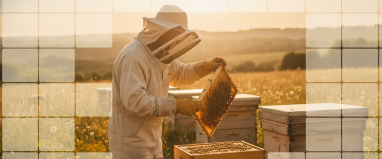 Imker kontrolliert ein Bienenvolk an einem sonnigen Stand
