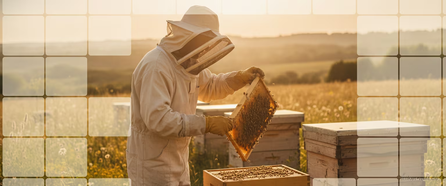 Imker kontrolliert ein Bienenvolk an einem sonnigen Stand