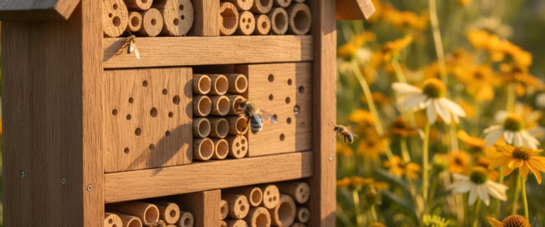 Gut gebautes Insektenhotel aus Hartholz-Bohrblöcken und Bambusröhren im sonnigen Blühgarten, eine Mauerbiene an einer Röhre