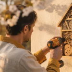 Person hängt im zeitigen Frühjahr ein Insektenhotel an eine sonnige Wand mit ersten Blüten