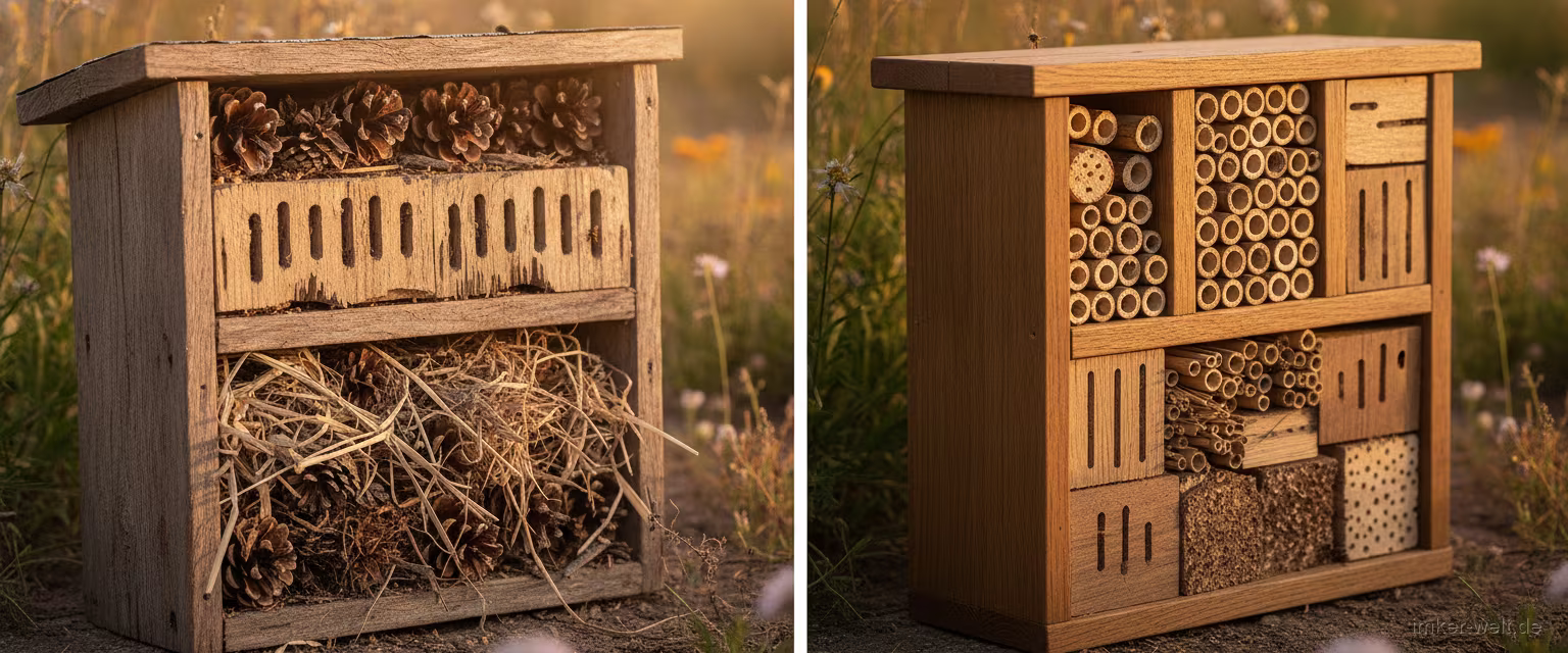 Schlecht gemachtes Deko-Insektenhotel mit Tannenzapfen neben einem korrekten Hartholz-Modell