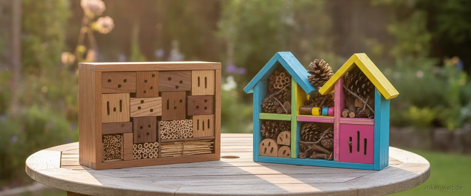 Vergleich eines hochwertigen Hartholz-Insektenhotels mit einem bunten Deko-Modell mit Tannenzapfen
