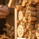 Insektenhotel mit lehmverschlossenen Wildbienen-Brutröhren im Herbst, Hände bewusst zurückgehalten