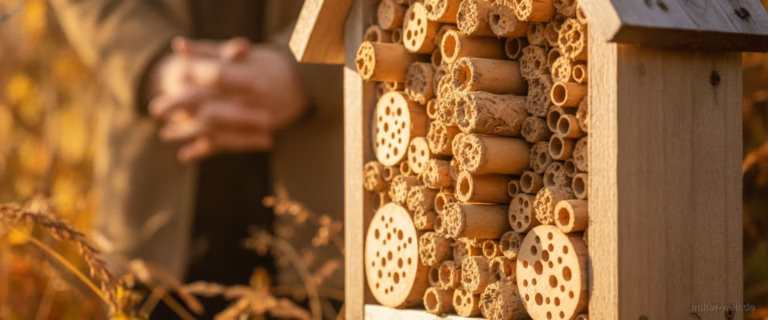 Insektenhotel mit lehmverschlossenen Wildbienen-Brutröhren im Herbst, Hände bewusst zurückgehalten