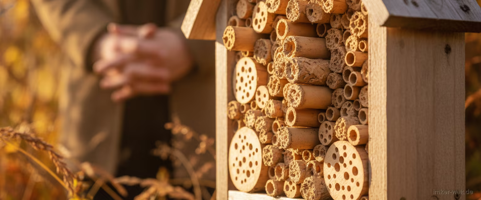 Insektenhotel mit lehmverschlossenen Wildbienen-Brutröhren im Herbst, Hände bewusst zurückgehalten